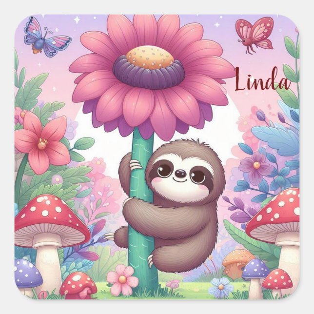 Sloth flower personalise  square sticker (Front)