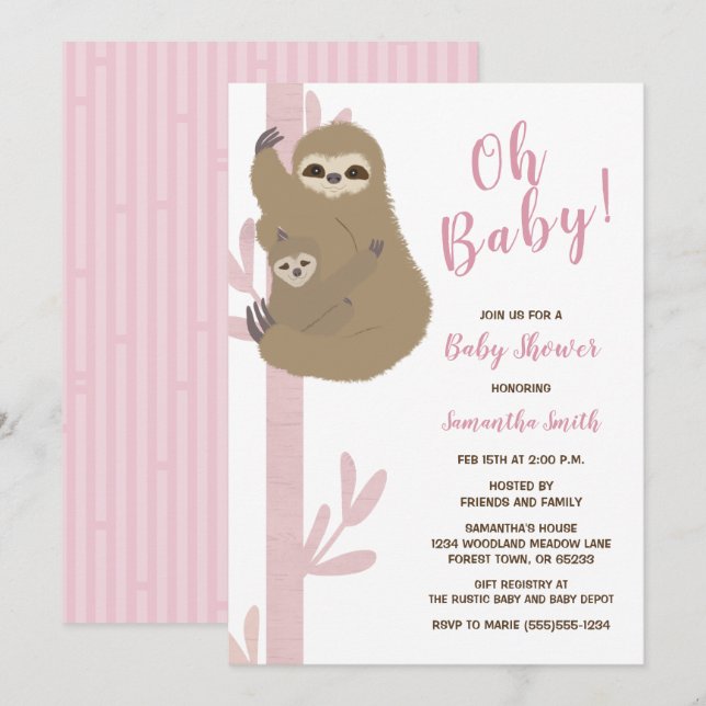 Sloth Girl Baby Shower Invitation (Front/Back)