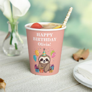 Sloth Girl Happy Birthday Party Pink Personalised Paper Cups