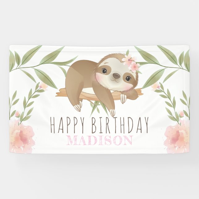 Sloth Girl Happy Birthday Personalised Banner (Horizontal)
