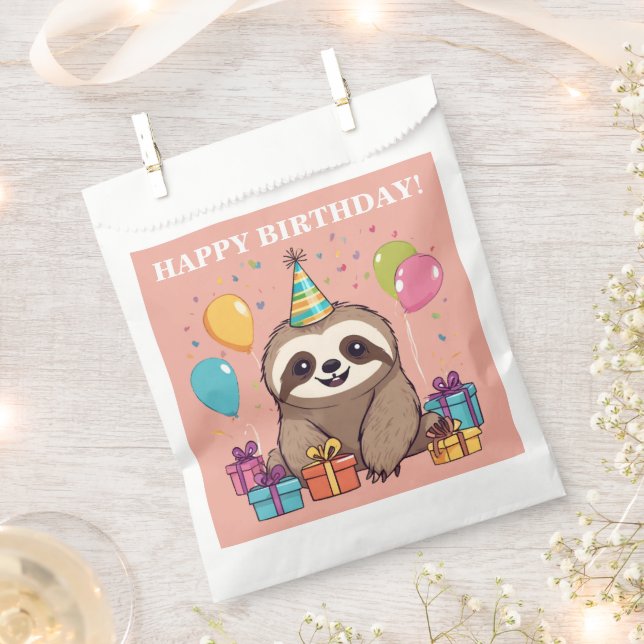 Sloth Girl Happy Birthday Pink Animal Fun Favour Bags (Clipped)