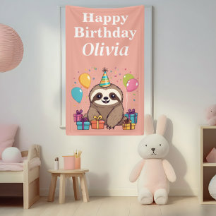 Sloth Girl Happy Birthday Pink Personalised Banner