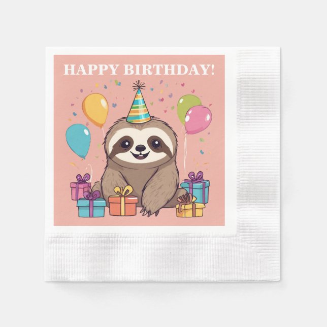 Sloth Girl Happy Birthday Pink Personalised Napkin (Front)