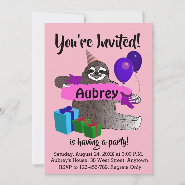 Sloth Girls Birthday Party Invitation (Front)