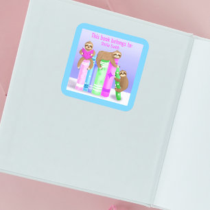 Sloth Girl's Reading Books Bookplate Square Sticker
