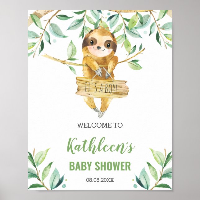 Sloth Greenery Boy Baby Shower Welcome Sign (Front)
