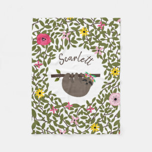 Sloth Greenery Floral Girls Fleece Blanket