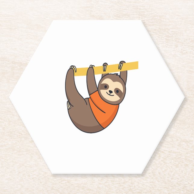 Sloth Hanging on Branch with Orange Paper Coaster (Front)