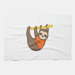 Sloth Hanging on Branch with Orange Tea Towel