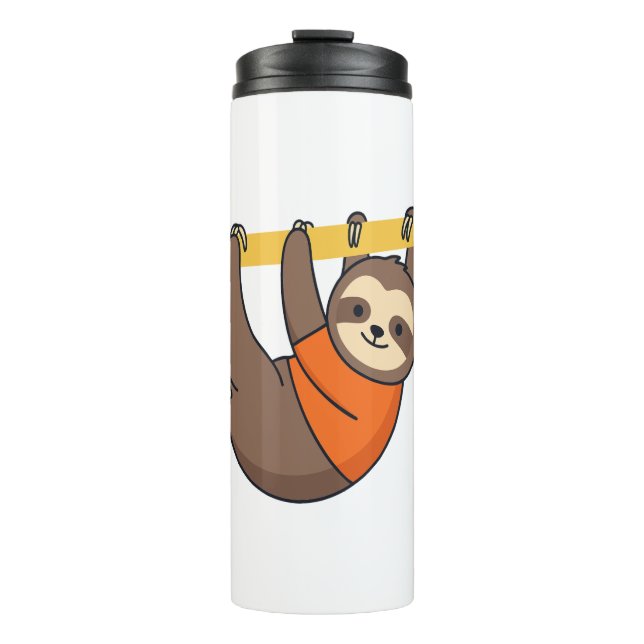 Sloth Hanging on Branch with Orange Thermal Tumbler (Front)
