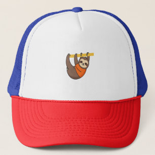 Sloth Hanging on Branch with Orange Trucker Hat