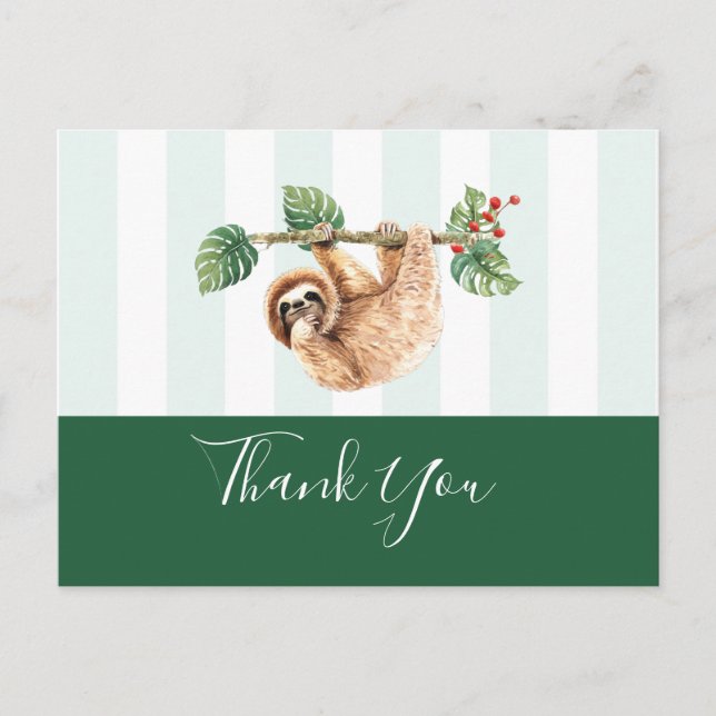Sloth Hanging Upside Down Watercolor Thank You Postcard (Front)