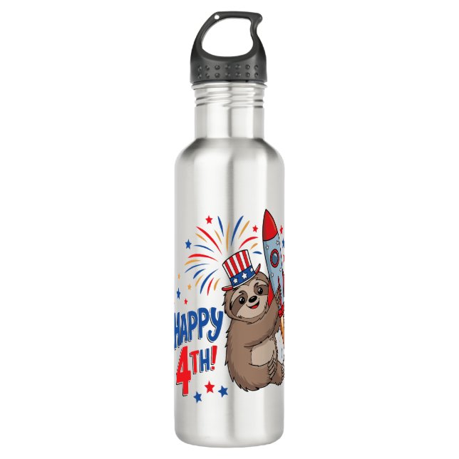 Sloth Happy 4th Rocket Fireworks USA 710 Ml Water Bottle (Front)
