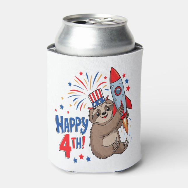 Sloth Happy 4th Rocket Fireworks USA Can Cooler (Can Front)