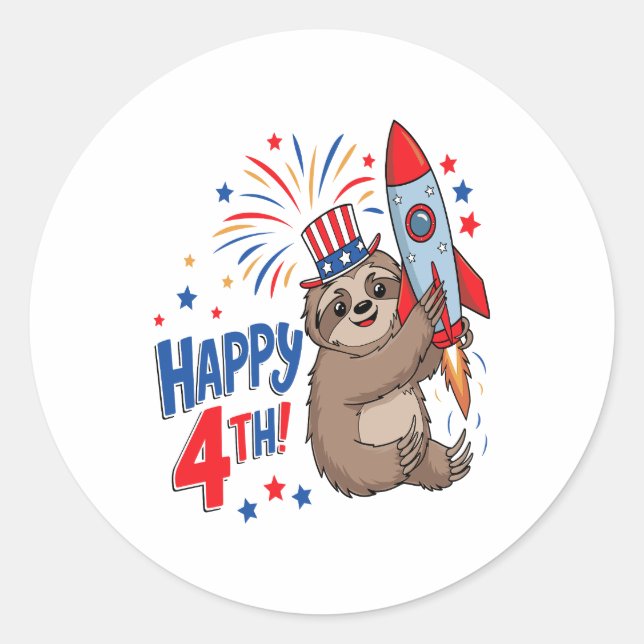 Sloth Happy 4th Rocket Fireworks USA Classic Round Sticker (Front)