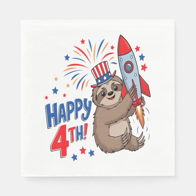 Sloth Happy 4th Rocket Fireworks USA Napkin (Front)