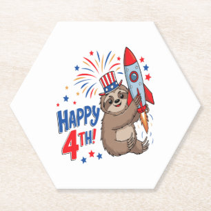 Sloth Happy 4th Rocket Fireworks USA Paper Coaster