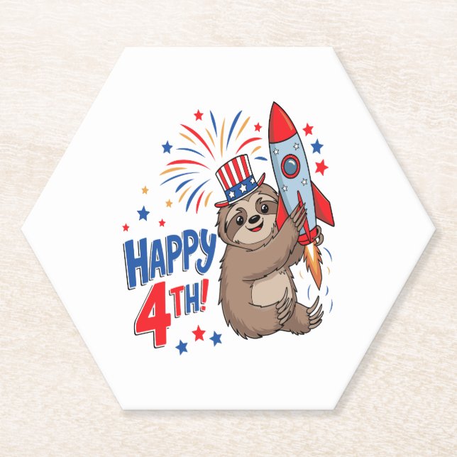 Sloth Happy 4th Rocket Fireworks USA Paper Coaster (Front)