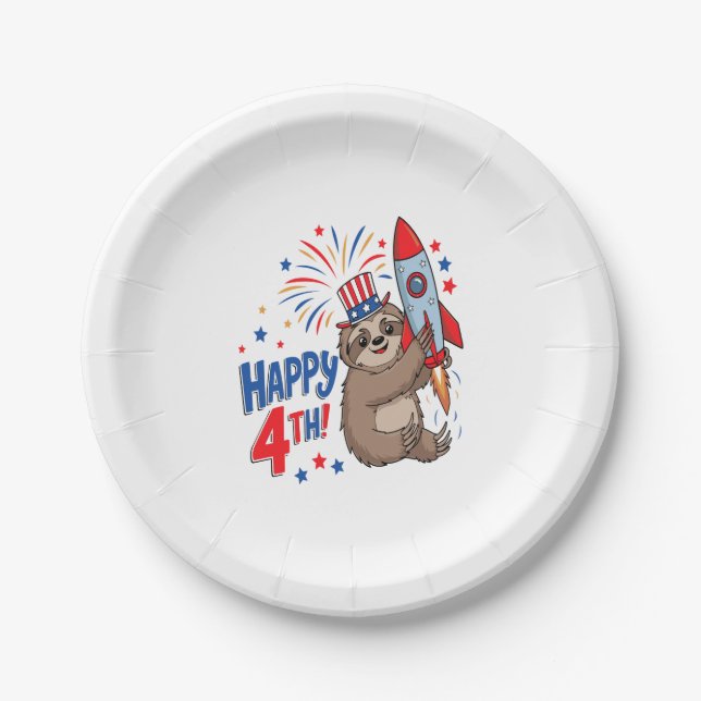 Sloth Happy 4th Rocket Fireworks USA Paper Plate (Front)