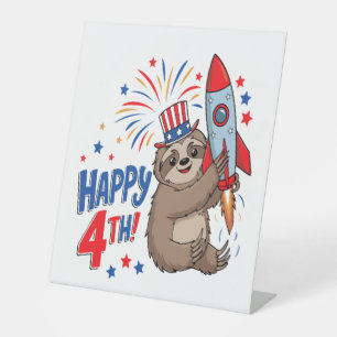 Sloth Happy 4th Rocket Fireworks USA Pedestal Sign