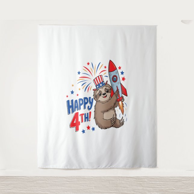 Sloth Happy 4th Rocket Fireworks USA Tapestry (Front)