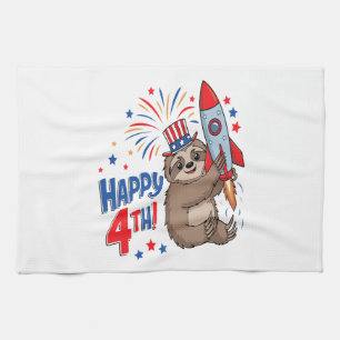 Sloth Happy 4th Rocket Fireworks USA Tea Towel