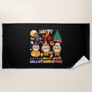 Sloth Happy Hallothanksmas Funny Halloween Thanksg Beach Towel