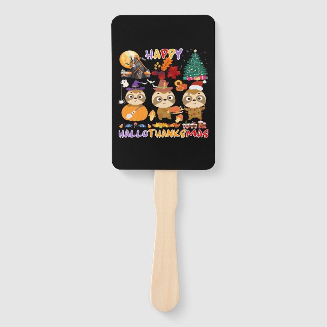 Sloth Happy Hallothanksmas Funny Halloween Thanksg Hand Fan (Front)