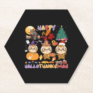 Sloth Happy Hallothanksmas Funny Halloween Thanksg Paper Coaster