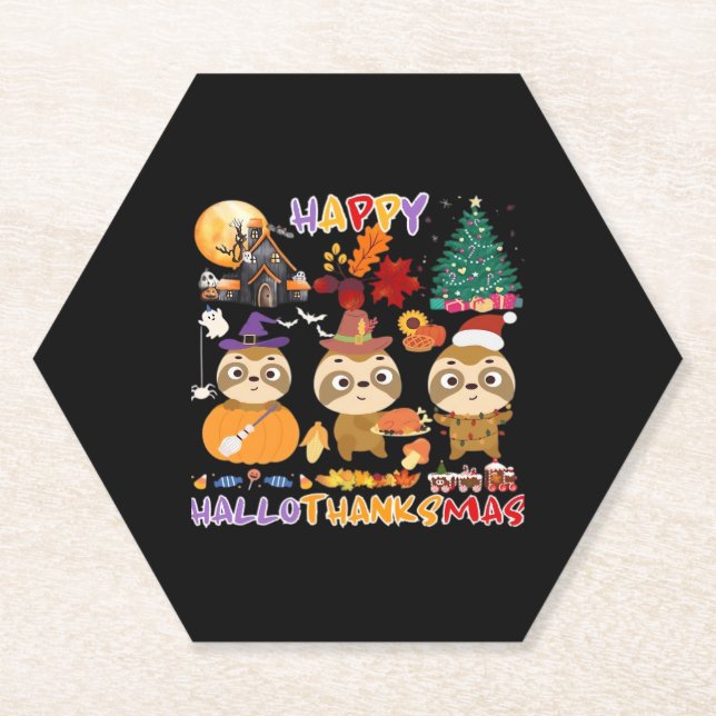Sloth Happy Hallothanksmas Funny Halloween Thanksg Paper Coaster (Front)