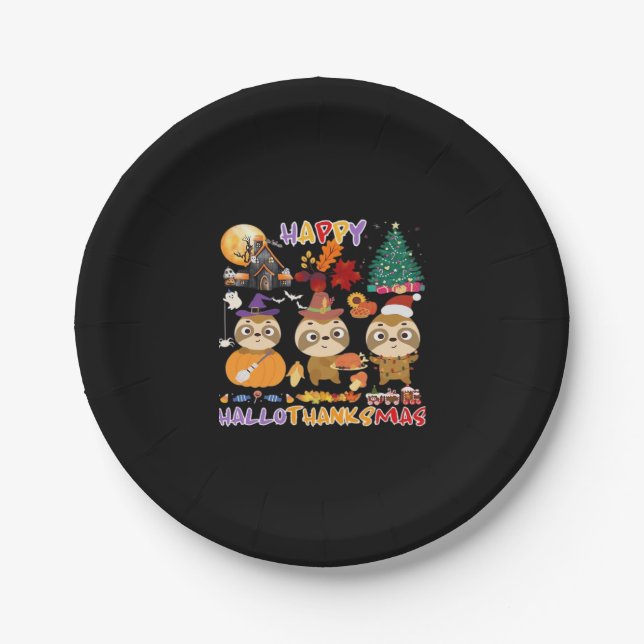 Sloth Happy Hallothanksmas Funny Halloween Thanksg Paper Plate (Front)