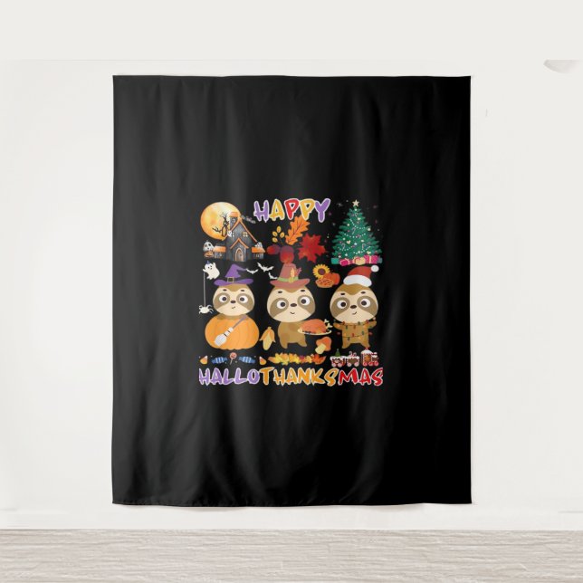 Sloth Happy Hallothanksmas Funny Halloween Thanksg Tapestry (Front)