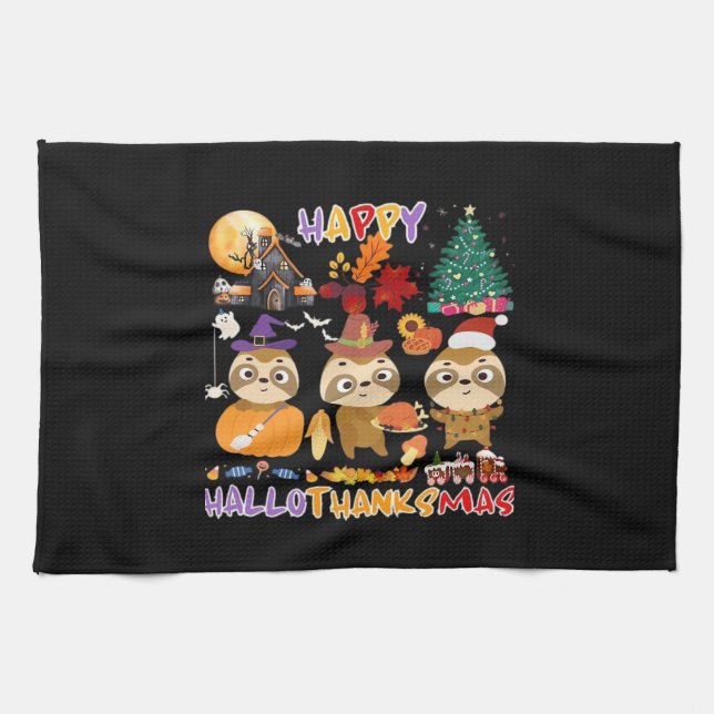 Sloth Happy Hallothanksmas Funny Halloween Thanksg Tea Towel (Horizontal)