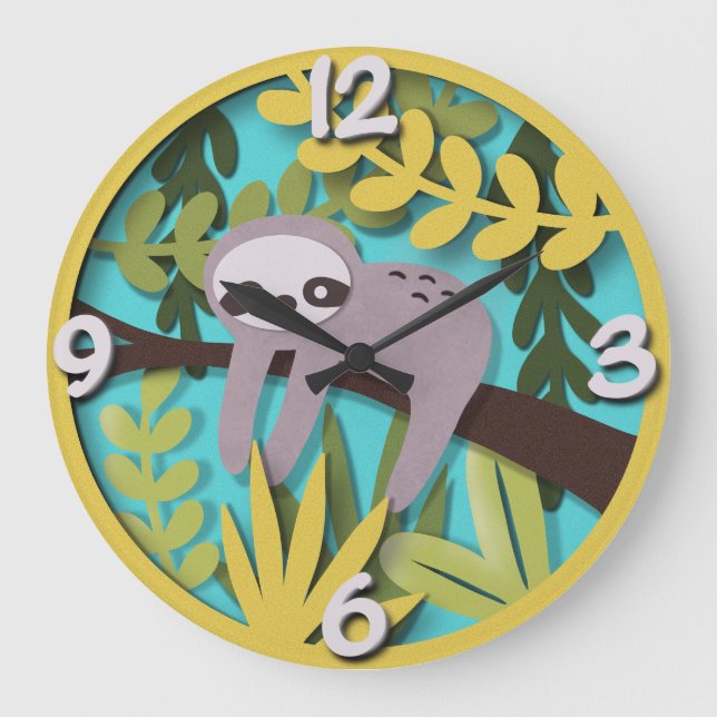 Sloth Haven: Whimsical Papercut Nursery Large Clock (Front)