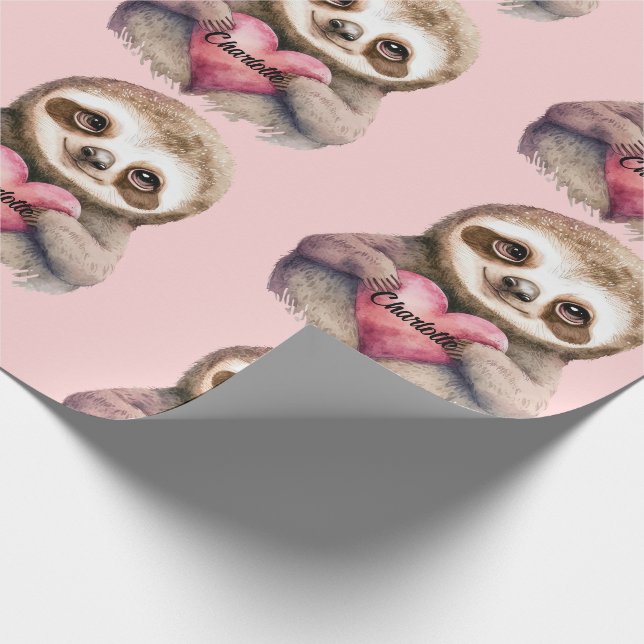 Sloth Heart & Big Eyes Watercolor Add Name Wrapping Paper (Corner)