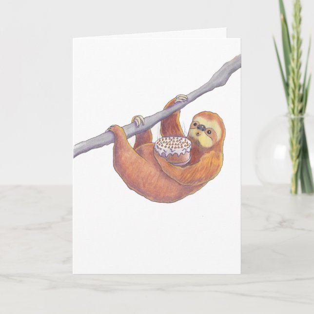 SLOTH holding a birthday cake and blowing candles Card (Front)