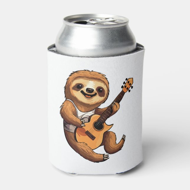 Sloth Holding Guitar Santa Hat Can Cooler (Can Front)