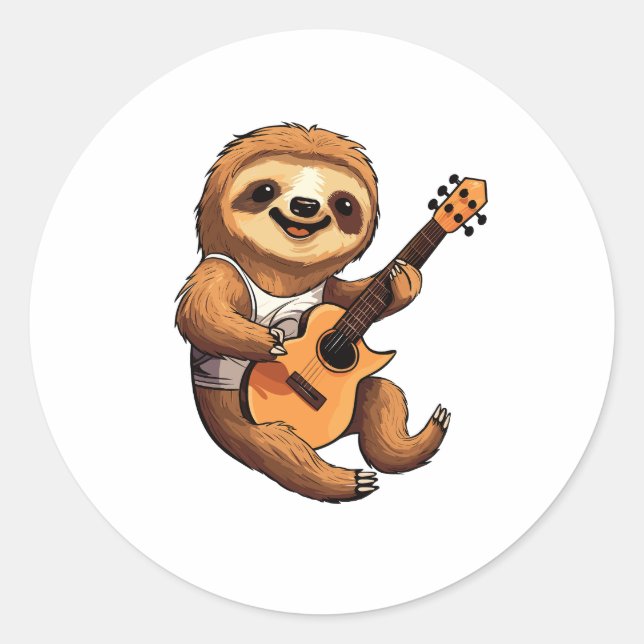Sloth Holding Guitar Santa Hat Classic Round Sticker (Front)