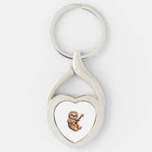 Sloth Holding Guitar Santa Hat Key Ring