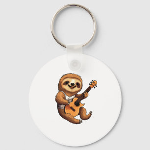 Sloth Holding Guitar Santa Hat Key Ring