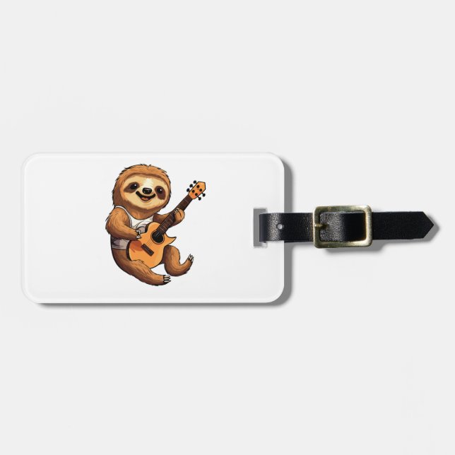 Sloth Holding Guitar Santa Hat Luggage Tag (Front Horizontal)