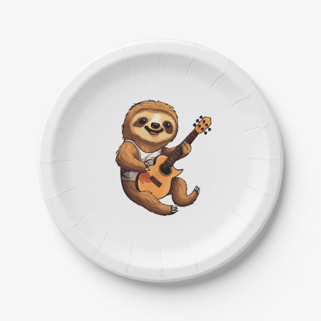 Sloth Holding Guitar Santa Hat Paper Plate (Front)