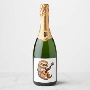 Sloth Holding Guitar Santa Hat Sparkling Wine Label