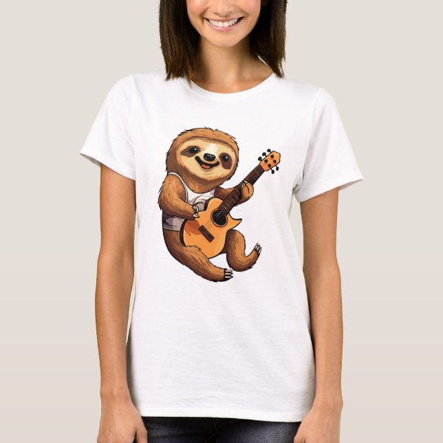 Sloth Holding Guitar Santa Hat T-Shirt (Front)