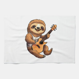 Sloth Holding Guitar Santa Hat Tea Towel