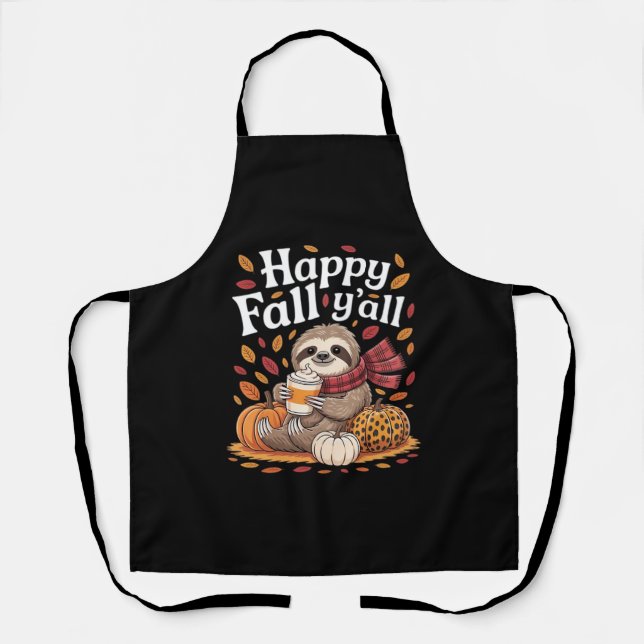 Sloth holding pumpkin spice happy Fall Yall autumn Apron (Front)
