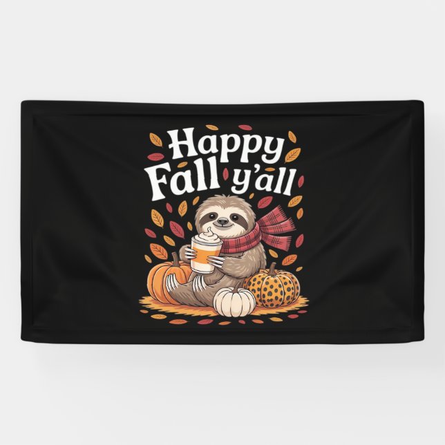 Sloth holding pumpkin spice happy Fall Yall autumn Banner (Horizontal)