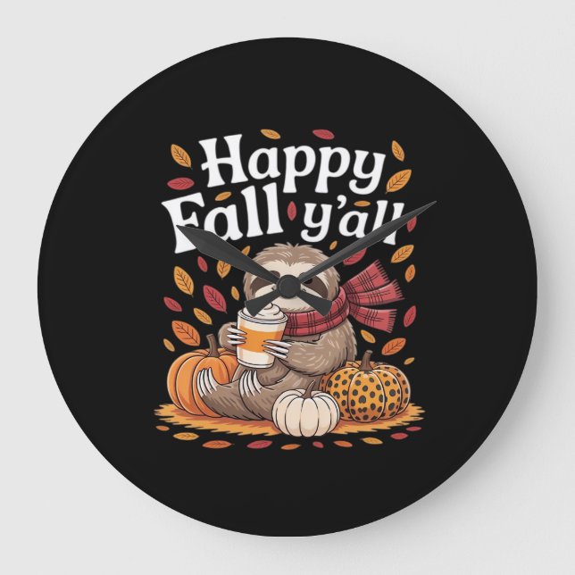Sloth holding pumpkin spice happy Fall Yall autumn Large Clock (Front)