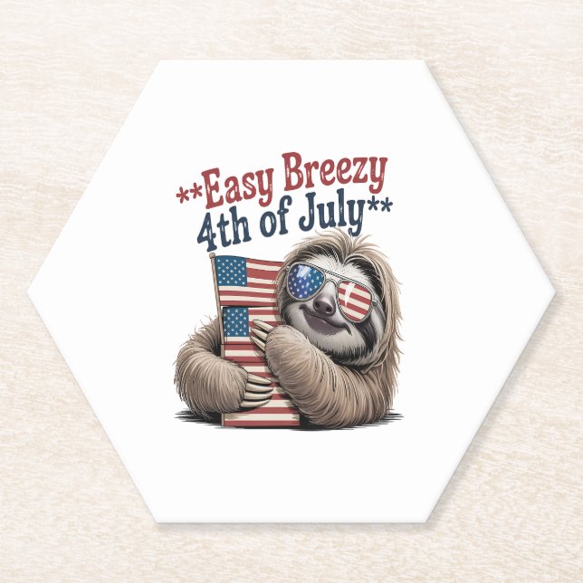 Sloth Hugging Flag 4th of July Paper Coaster (Front)