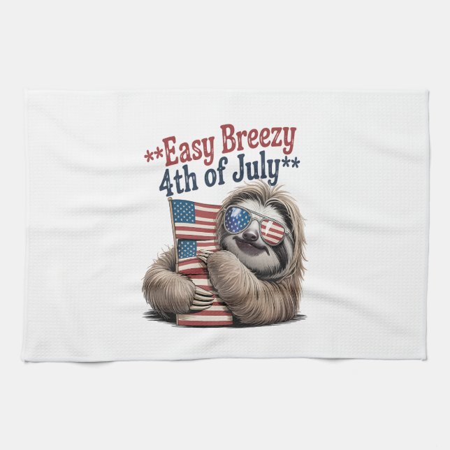 Sloth Hugging Flag 4th of July Tea Towel (Horizontal)